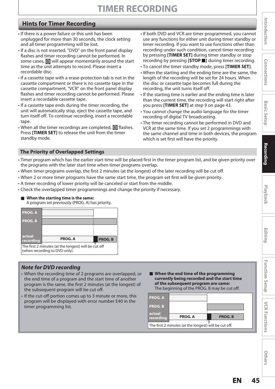 Timer recording, 45 en 45 en, Hints for timer recording | Philips DVDR3545V User Manual | Page 45 / 116