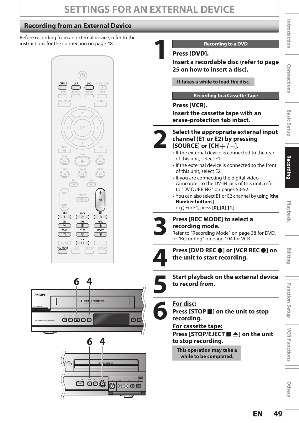 Settings for an external device, 49 en 49 en | Philips DVDR3545V User Manual | Page 49 / 116
