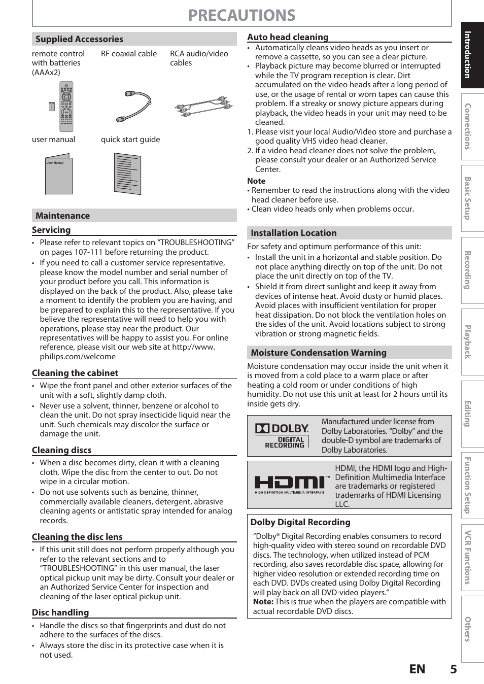 Precautions, 5en 5 en | Philips DVDR3545V User Manual | Page 5 / 116