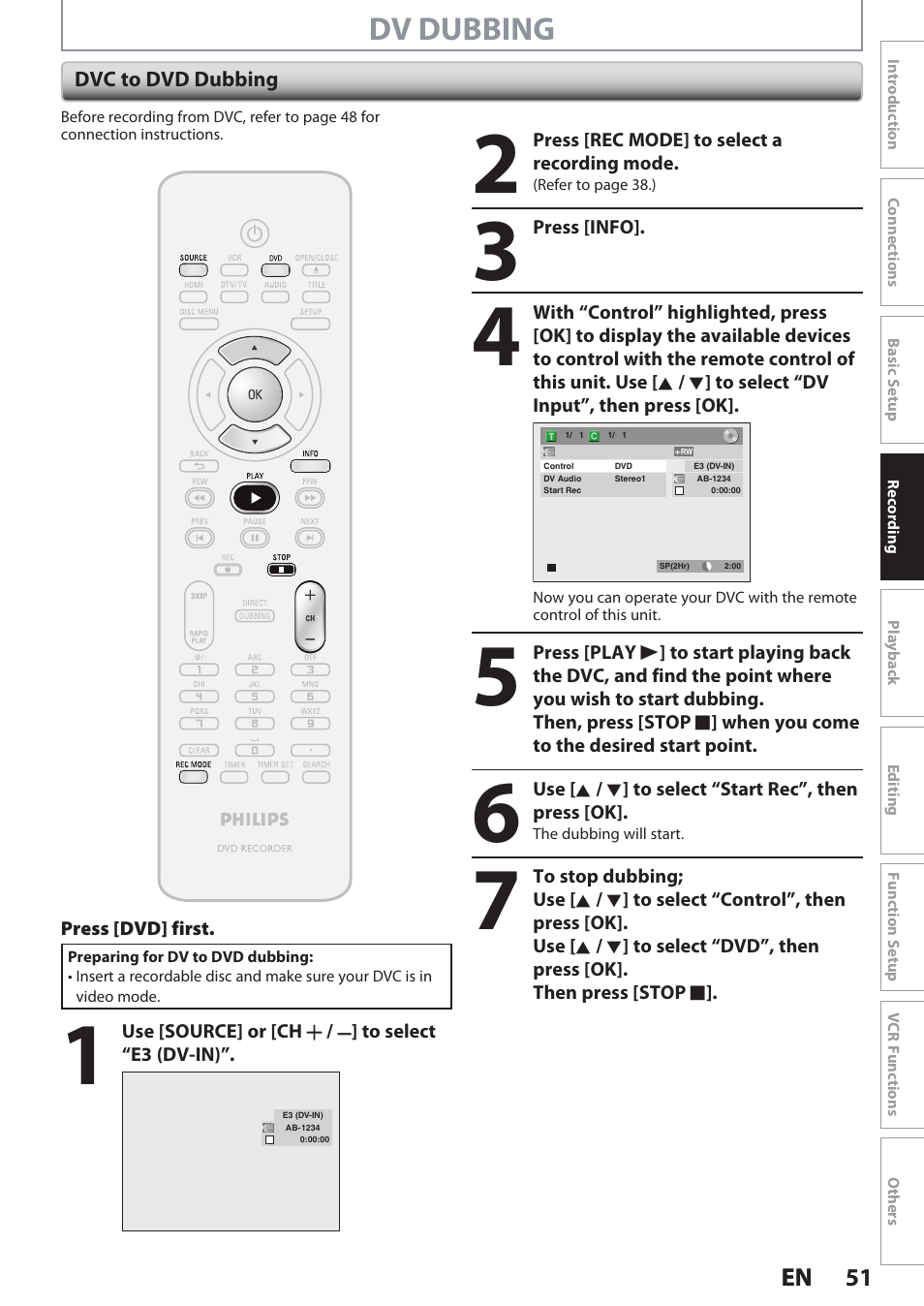 Dv dubbing | Philips DVDR3545V User Manual | Page 51 / 116