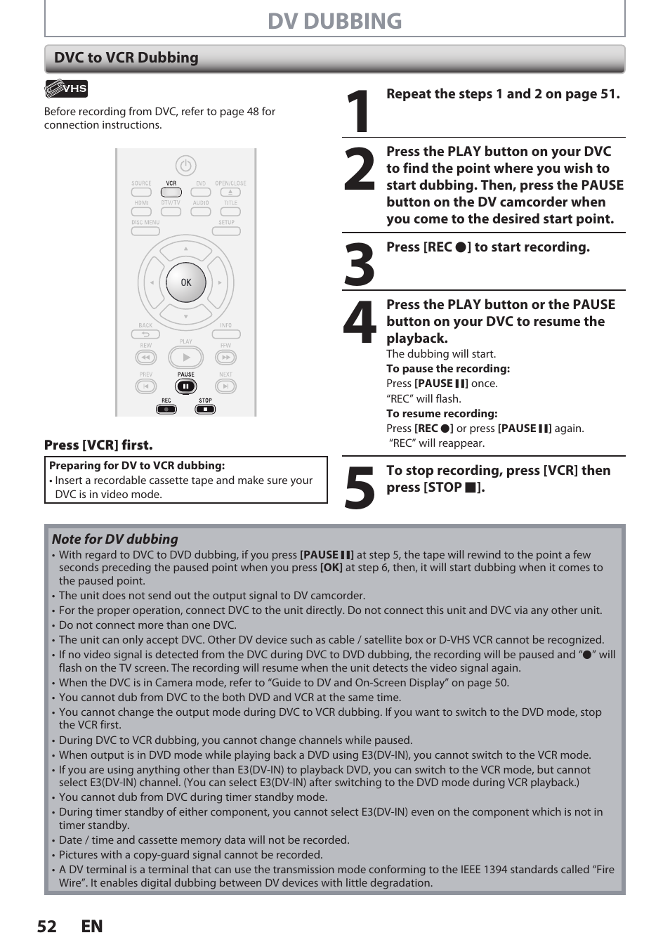 Dv dubbing | Philips DVDR3545V User Manual | Page 52 / 116
