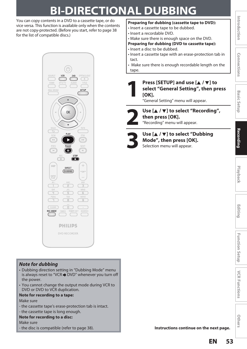 Bi-directional dubbing | Philips DVDR3545V User Manual | Page 53 / 116
