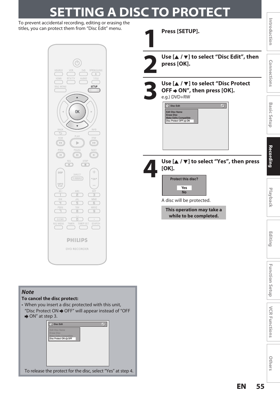 Setting a disc to protect | Philips DVDR3545V User Manual | Page 55 / 116