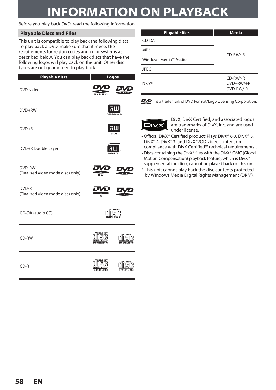 Information on playback, 58 en 58 en | Philips DVDR3545V User Manual | Page 58 / 116