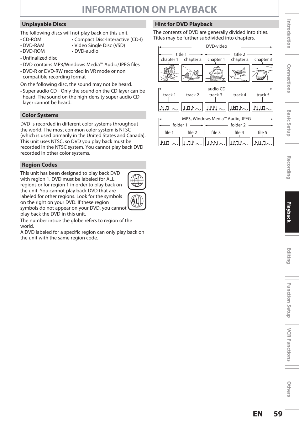 Information on playback, 59 en 59 en | Philips DVDR3545V User Manual | Page 59 / 116