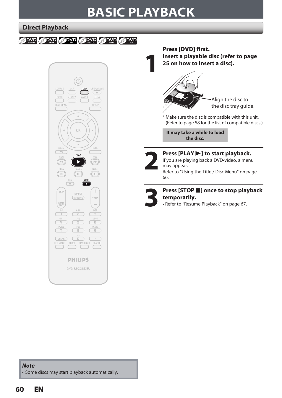 Basic playback | Philips DVDR3545V User Manual | Page 60 / 116