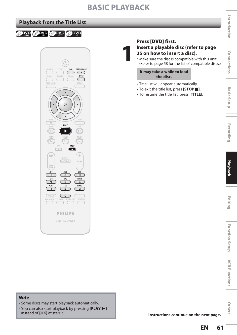 Basic playback, 61 en 61 en | Philips DVDR3545V User Manual | Page 61 / 116