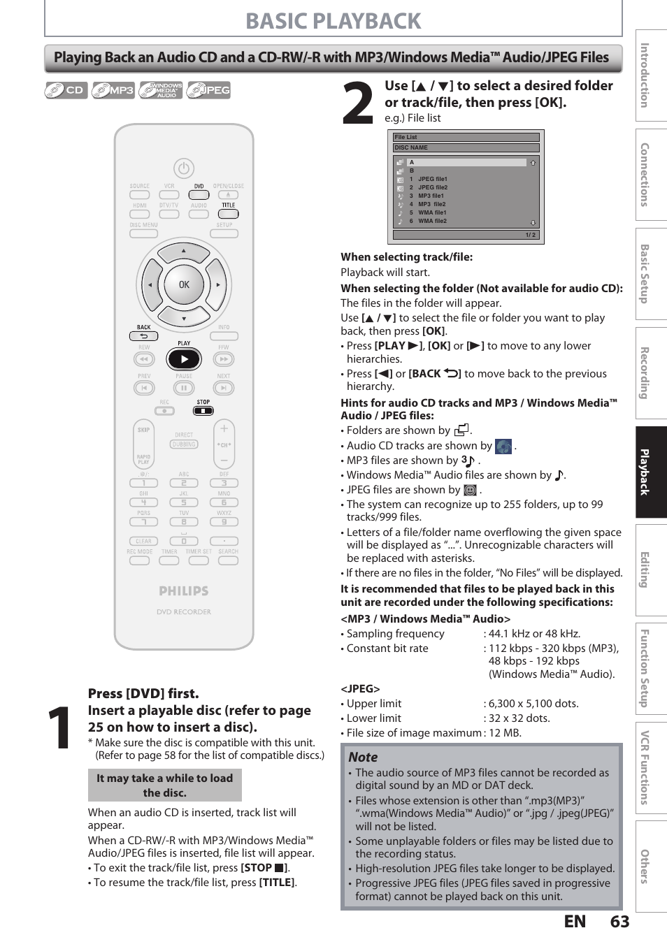 Basic playback, 63 en 63 en | Philips DVDR3545V User Manual | Page 63 / 116