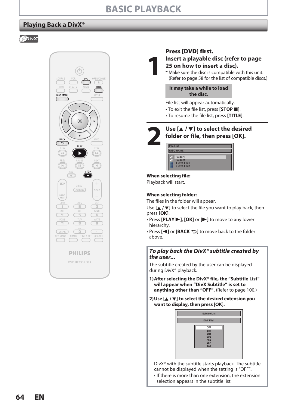 Basic playback, 64 en 64 en | Philips DVDR3545V User Manual | Page 64 / 116