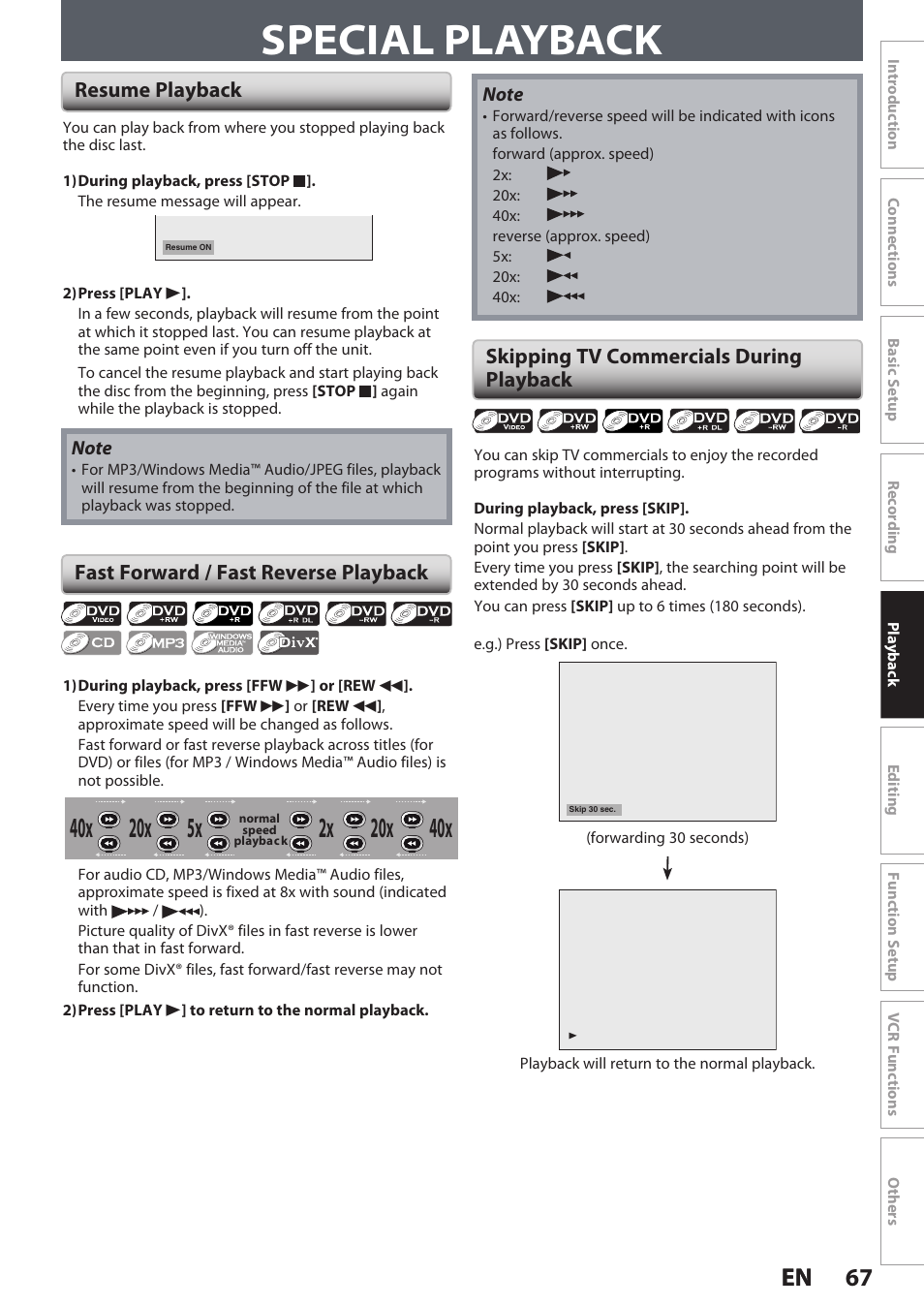 Special playback, 67 en 67 en, Resume playback | Philips DVDR3545V User Manual | Page 67 / 116