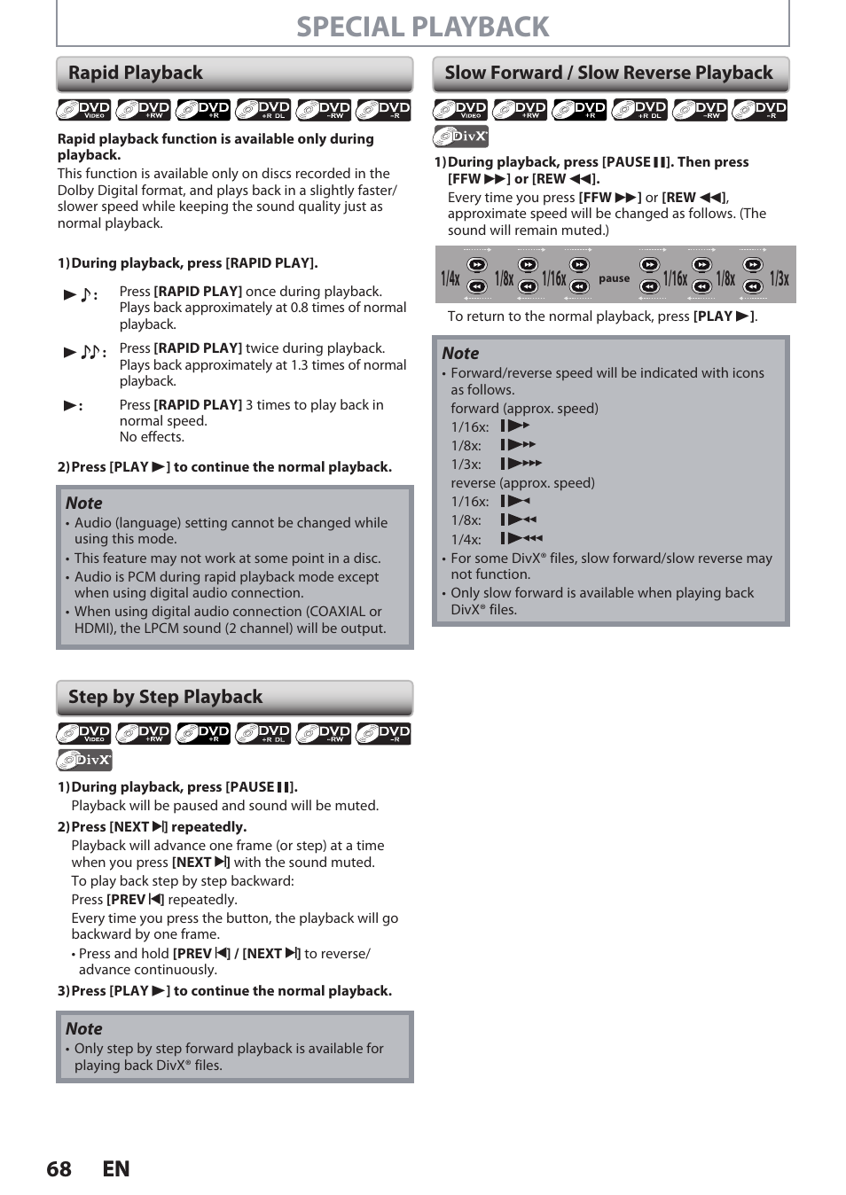Special playback, 68 en 68 en, 1/8x | Rapid playback, Step by step playback, Slow forward / slow reverse playback | Philips DVDR3545V User Manual | Page 68 / 116