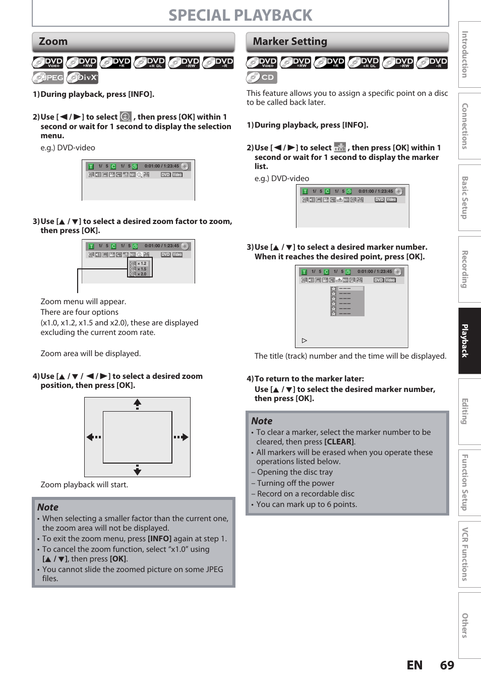 Special playback, 69 en 69 en, Zoom | Marker setting | Philips DVDR3545V User Manual | Page 69 / 116