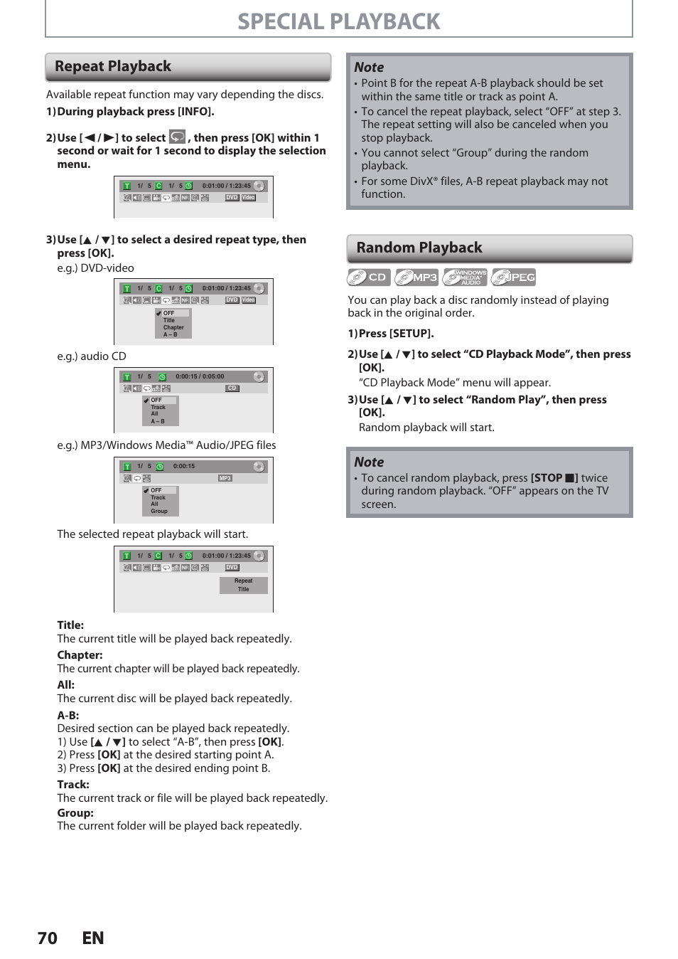 Special playback, 70 en 70 en, Repeat playback random playback | Philips DVDR3545V User Manual | Page 70 / 116