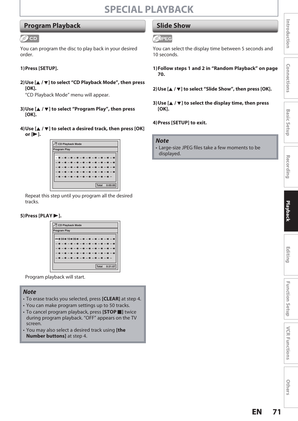 Special playback, 71 en 71 en, Program playback | Slide show, Program playback will start | Philips DVDR3545V User Manual | Page 71 / 116
