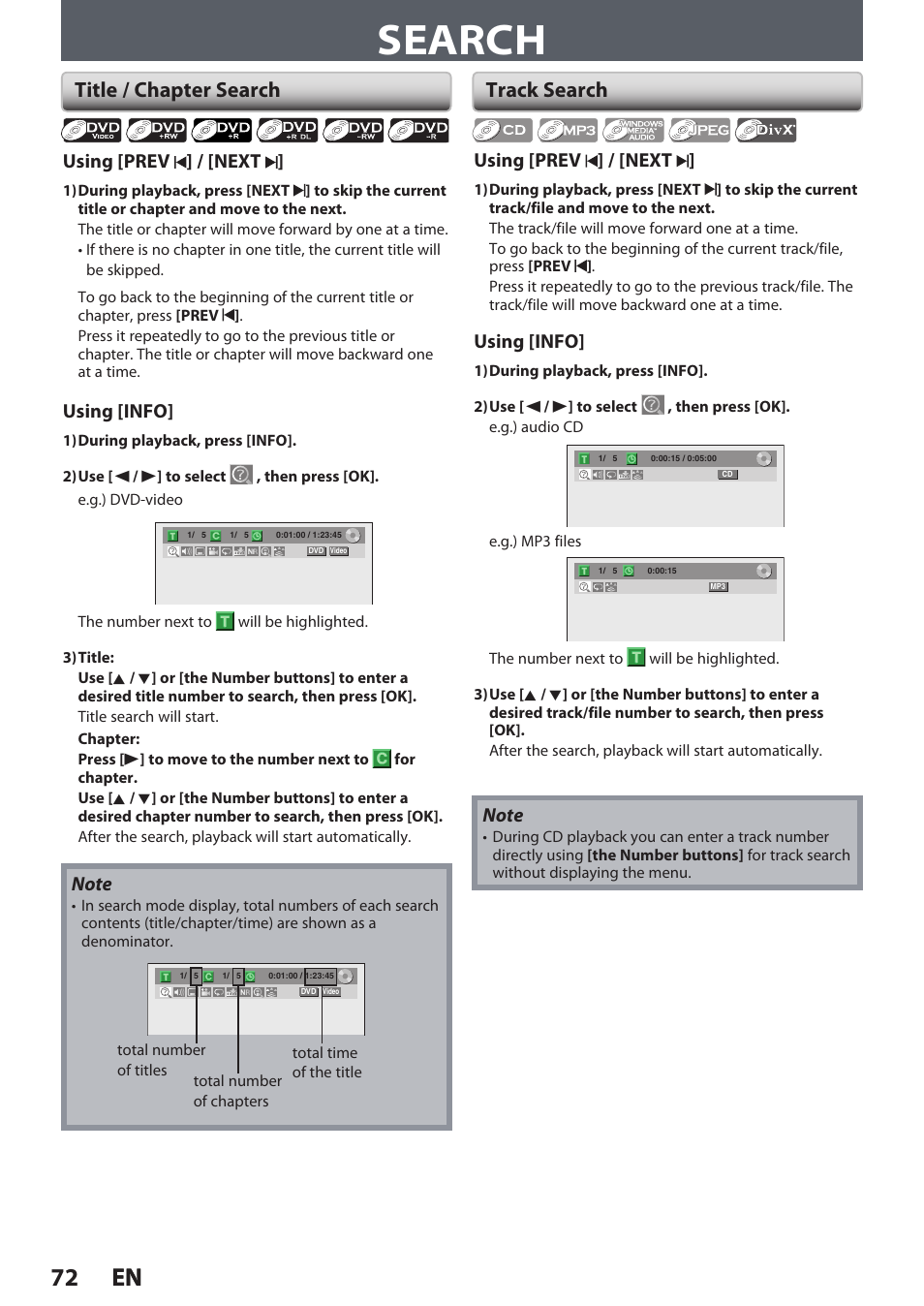Search, 72 en 72 en, Title / chapter search | Track search, Using [prev ] / [next, Using [info | Philips DVDR3545V User Manual | Page 72 / 116