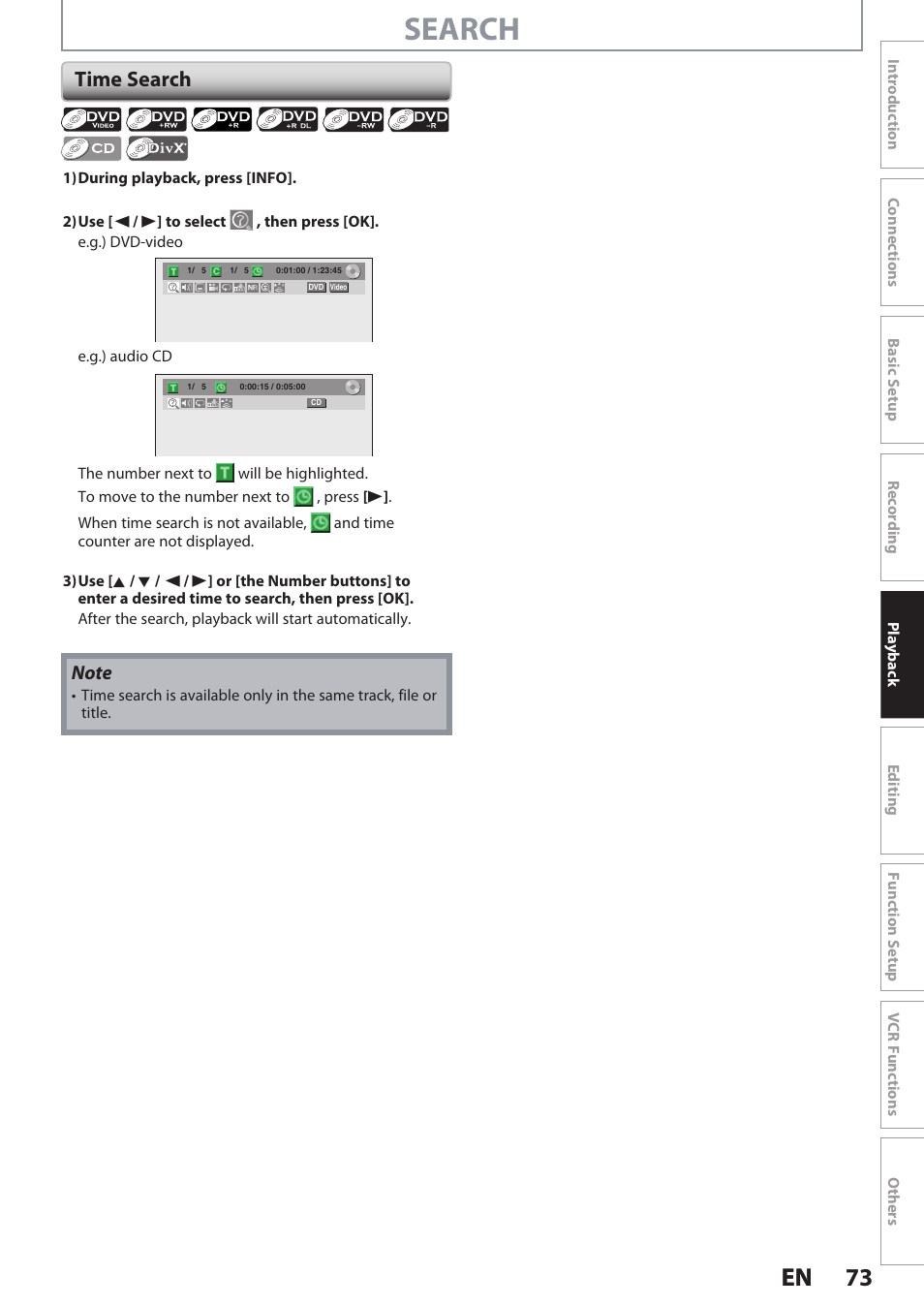 Search, 73 en 73 en, Time search | Philips DVDR3545V User Manual | Page 73 / 116