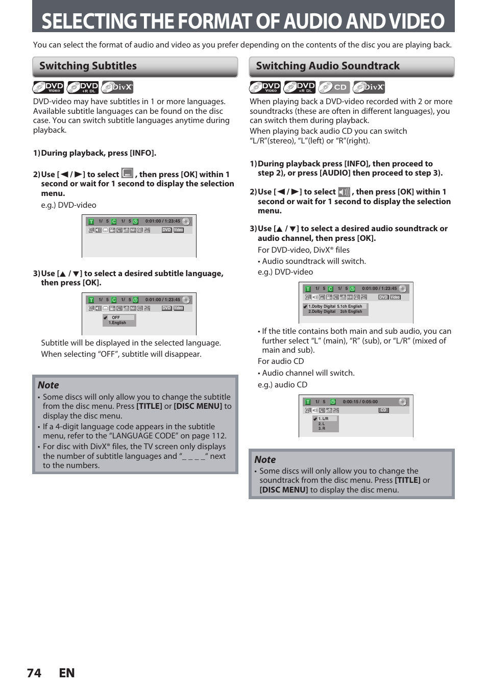 Selecting the format of audio and video, 74 en 74 en, Switching subtitles | Switching audio soundtrack | Philips DVDR3545V User Manual | Page 74 / 116