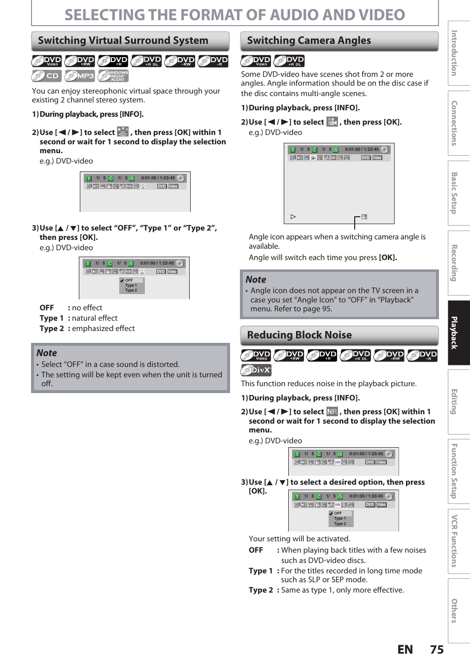 Selecting the format of audio and video, 75 en 75 en, Switching virtual surround system | Switching camera angles, Reducing block noise | Philips DVDR3545V User Manual | Page 75 / 116