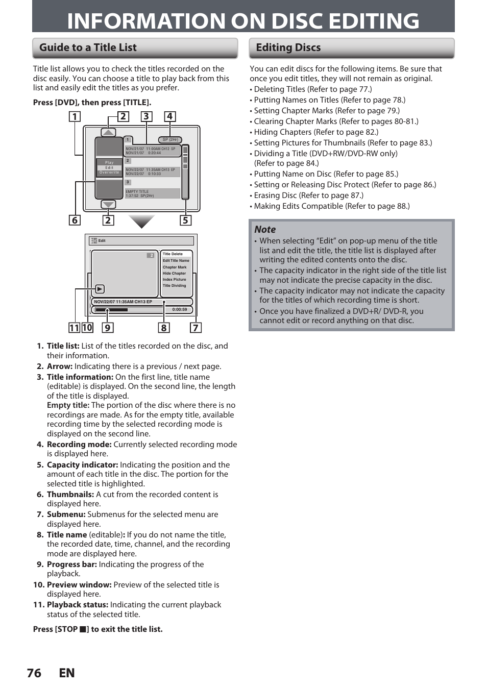 Information on disc editing, 76 en 76 en, Guide to a title list editing discs | Philips DVDR3545V User Manual | Page 76 / 116