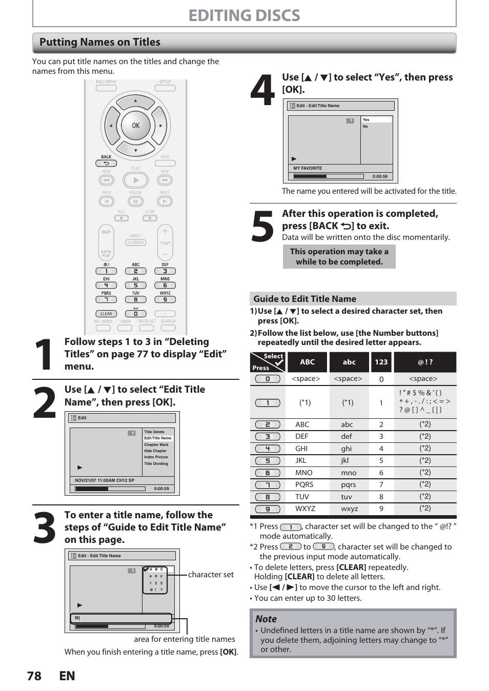 Editing discs, 78 en 78 en, Putting names on titles | Philips DVDR3545V User Manual | Page 78 / 116
