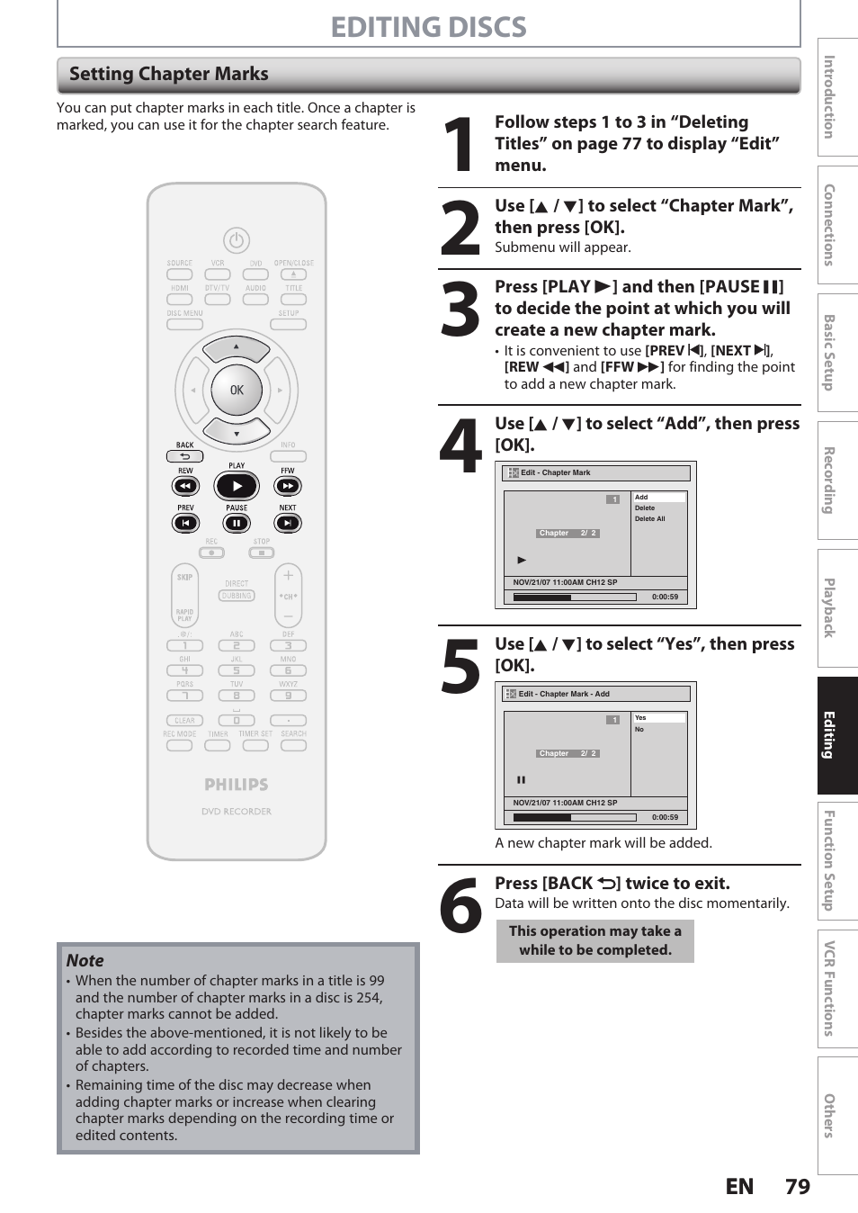 Editing discs | Philips DVDR3545V User Manual | Page 79 / 116