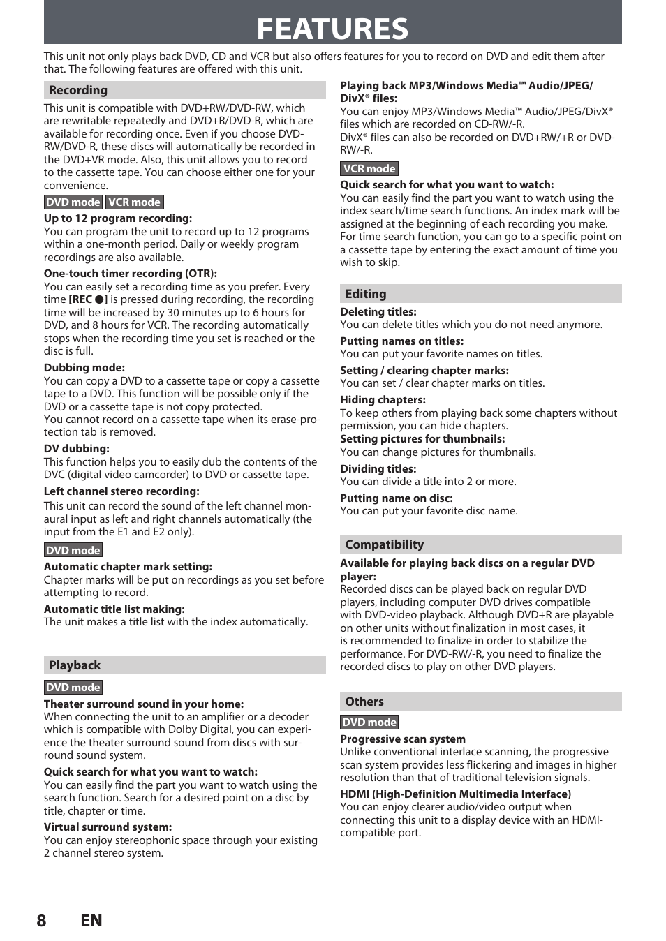 Features, 8en 8 en | Philips DVDR3545V User Manual | Page 8 / 116