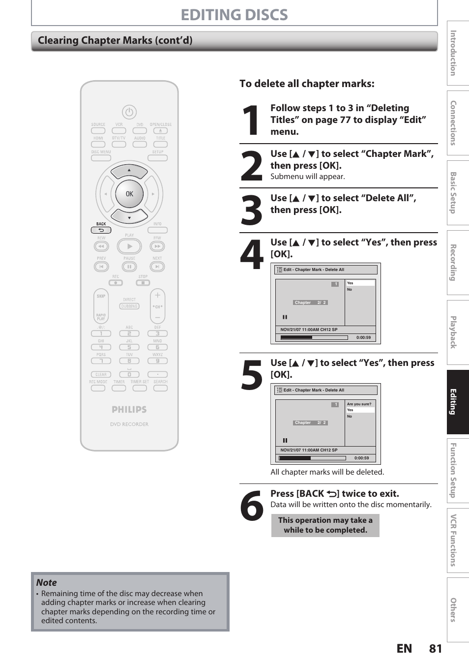 Editing discs | Philips DVDR3545V User Manual | Page 81 / 116