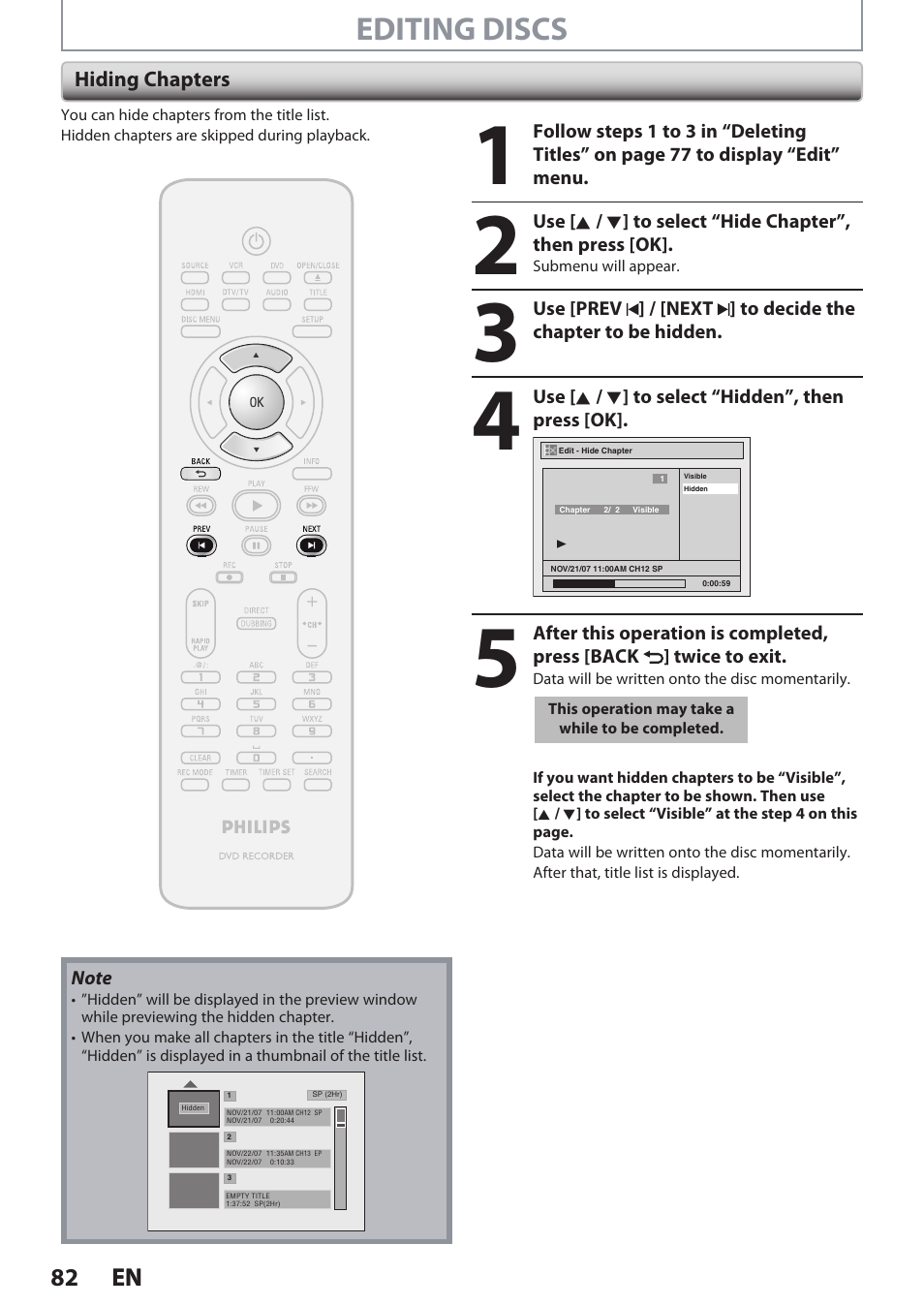 Editing discs | Philips DVDR3545V User Manual | Page 82 / 116