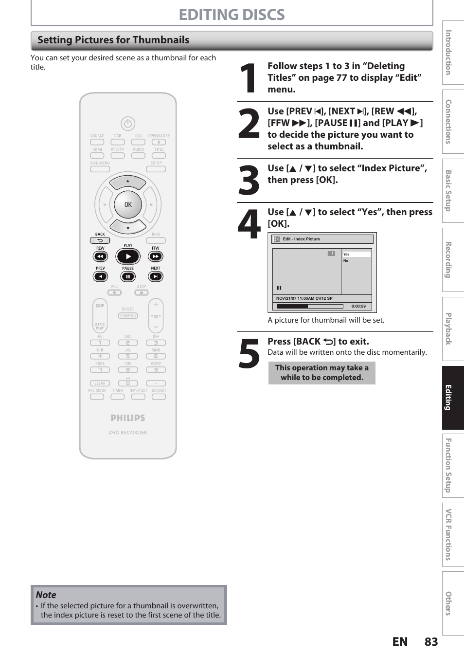 Editing discs | Philips DVDR3545V User Manual | Page 83 / 116