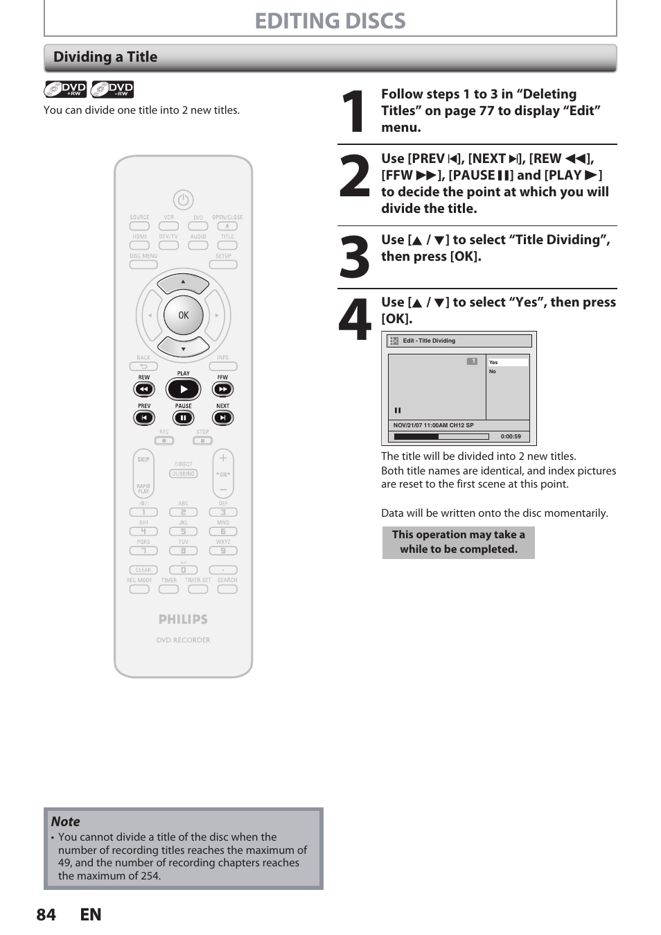 Editing discs | Philips DVDR3545V User Manual | Page 84 / 116
