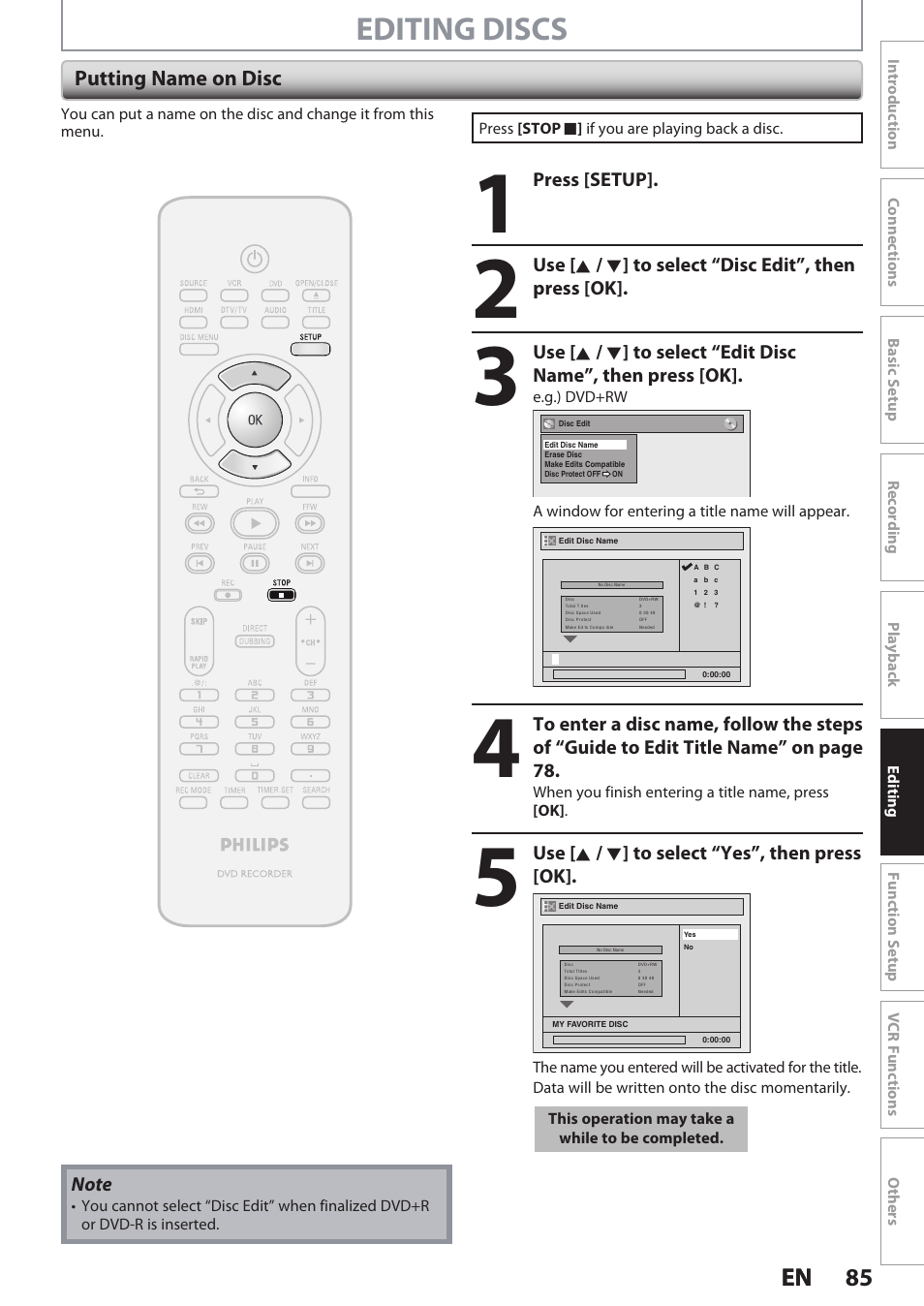 Editing discs, 85 en 85 en, Putting name on disc | Philips DVDR3545V User Manual | Page 85 / 116