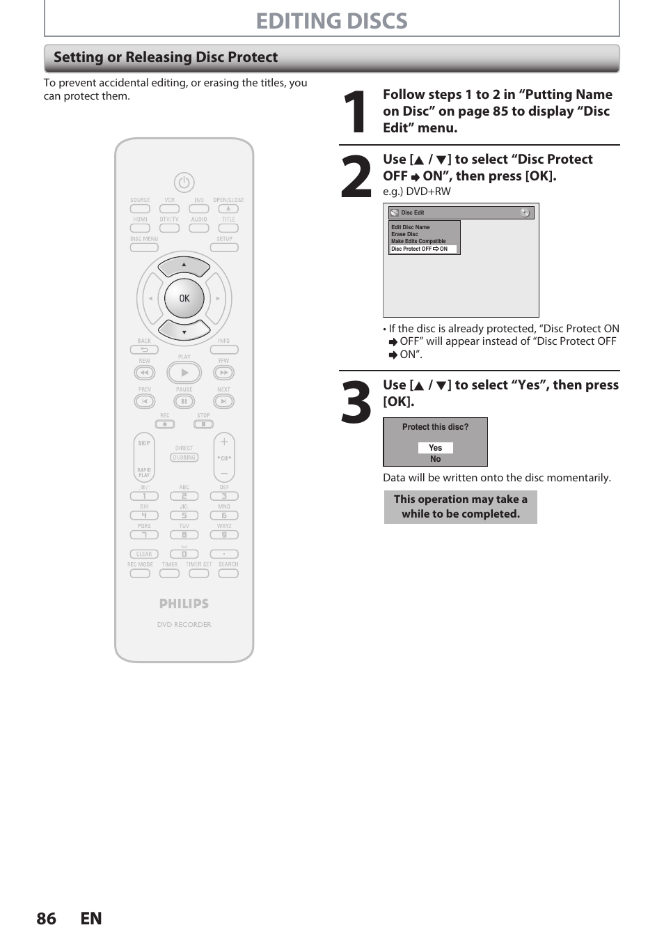 Editing discs | Philips DVDR3545V User Manual | Page 86 / 116