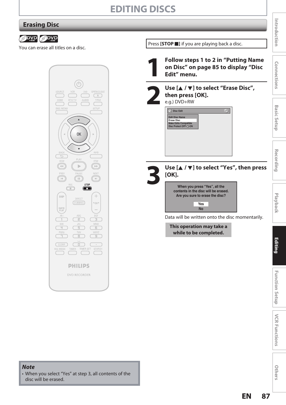 Editing discs | Philips DVDR3545V User Manual | Page 87 / 116