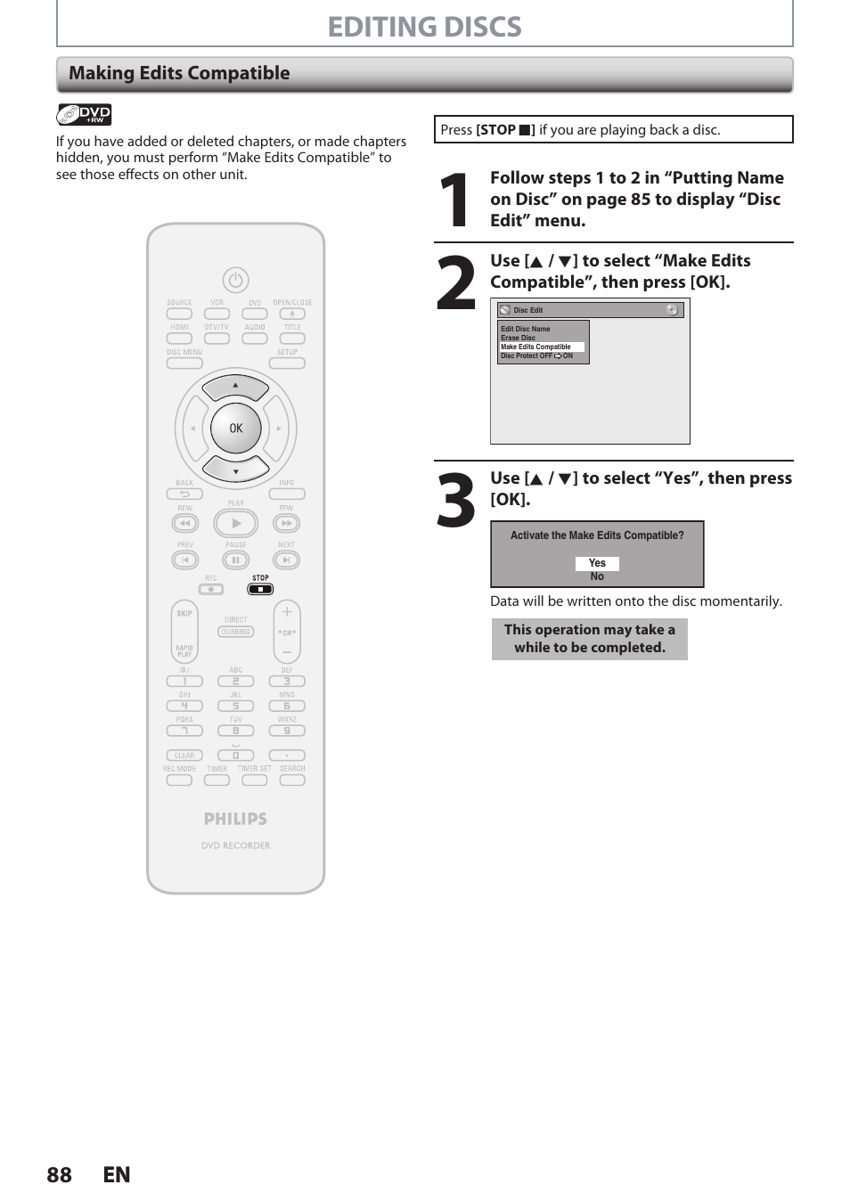 Editing discs | Philips DVDR3545V User Manual | Page 88 / 116