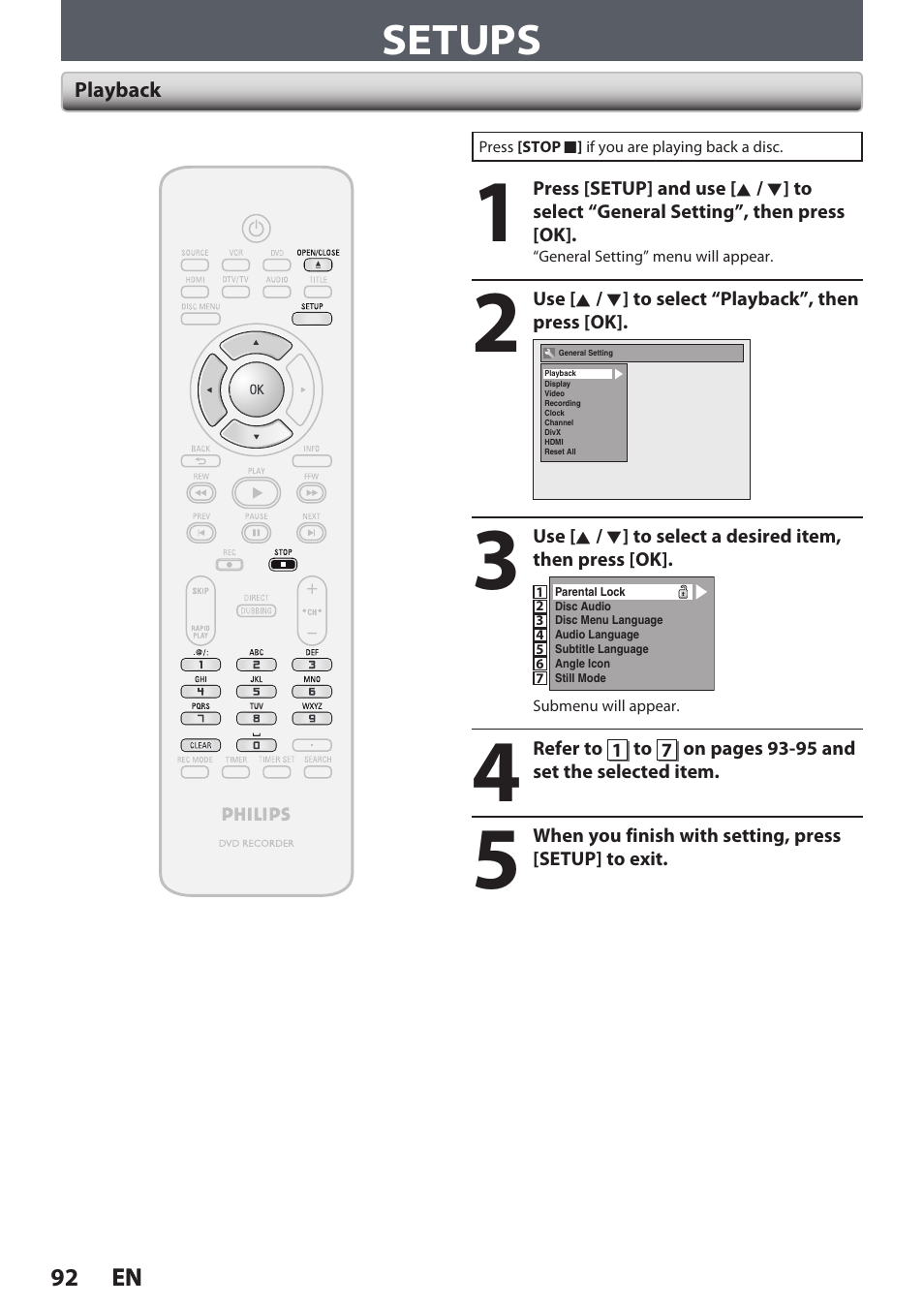 Setups | Philips DVDR3545V User Manual | Page 92 / 116