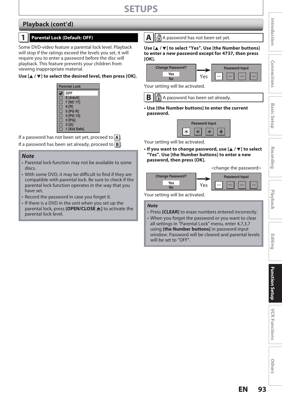 Setups, 93 en 93 en, Playback (cont’d) | Philips DVDR3545V User Manual | Page 93 / 116