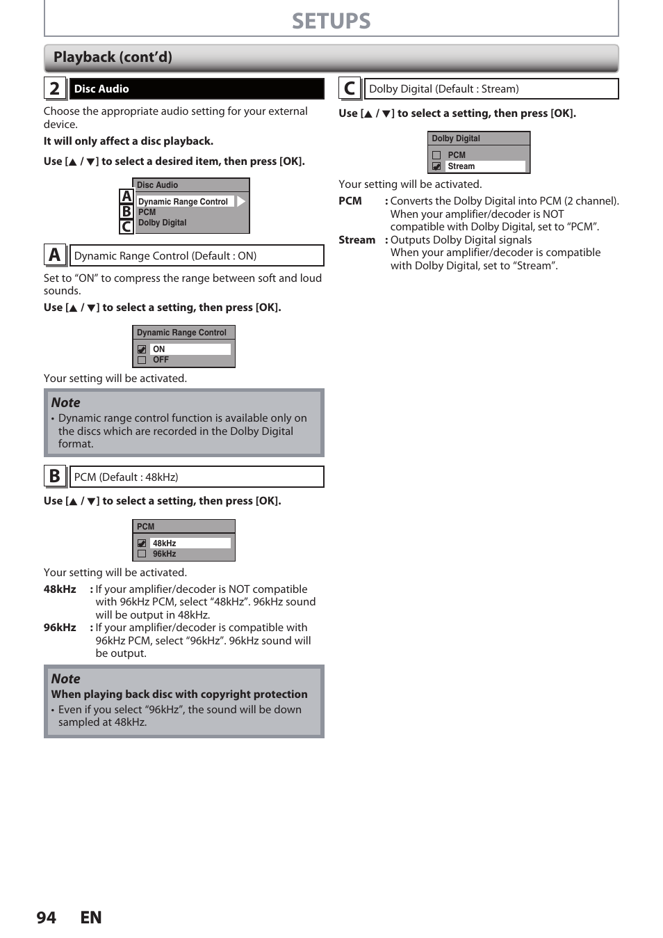 Setups, 94 en 94 en, Ab c | Playback (cont’d) | Philips DVDR3545V User Manual | Page 94 / 116