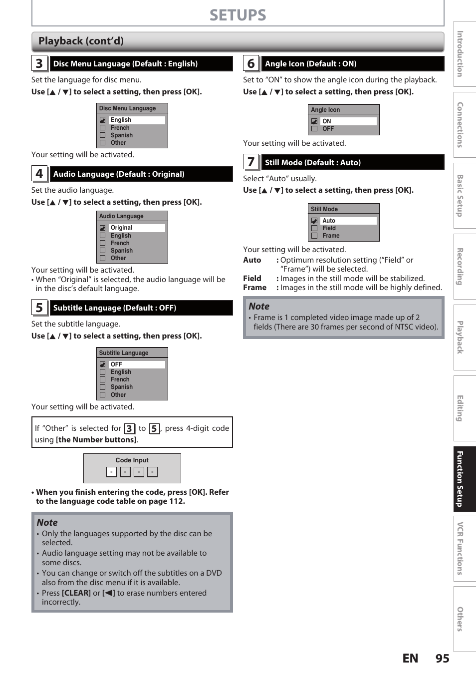 Setups, 95 en 95 en, Playback (cont’d) | Philips DVDR3545V User Manual | Page 95 / 116