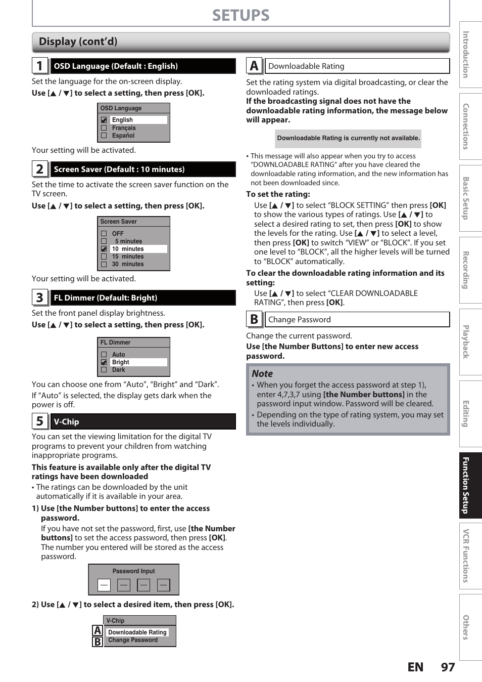 Setups, 97 en 97 en, Display (cont’d) | Philips DVDR3545V User Manual | Page 97 / 116