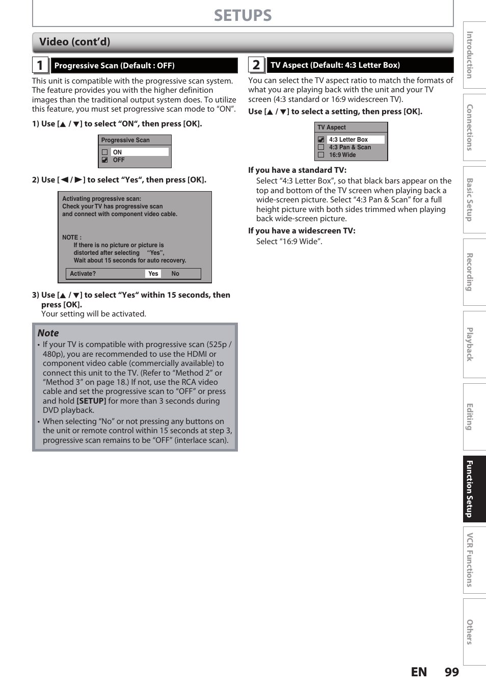 Setups, 99 en 99 en, Video (cont’d) | Philips DVDR3545V User Manual | Page 99 / 116