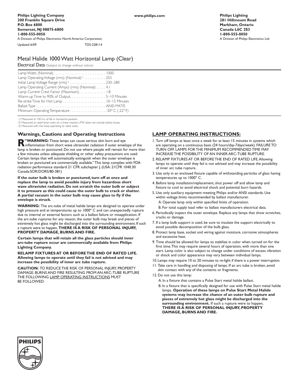 Metal halide 1000 watt horizontal lamp (clear) | Philips 228114 User Manual | Page 2 / 2