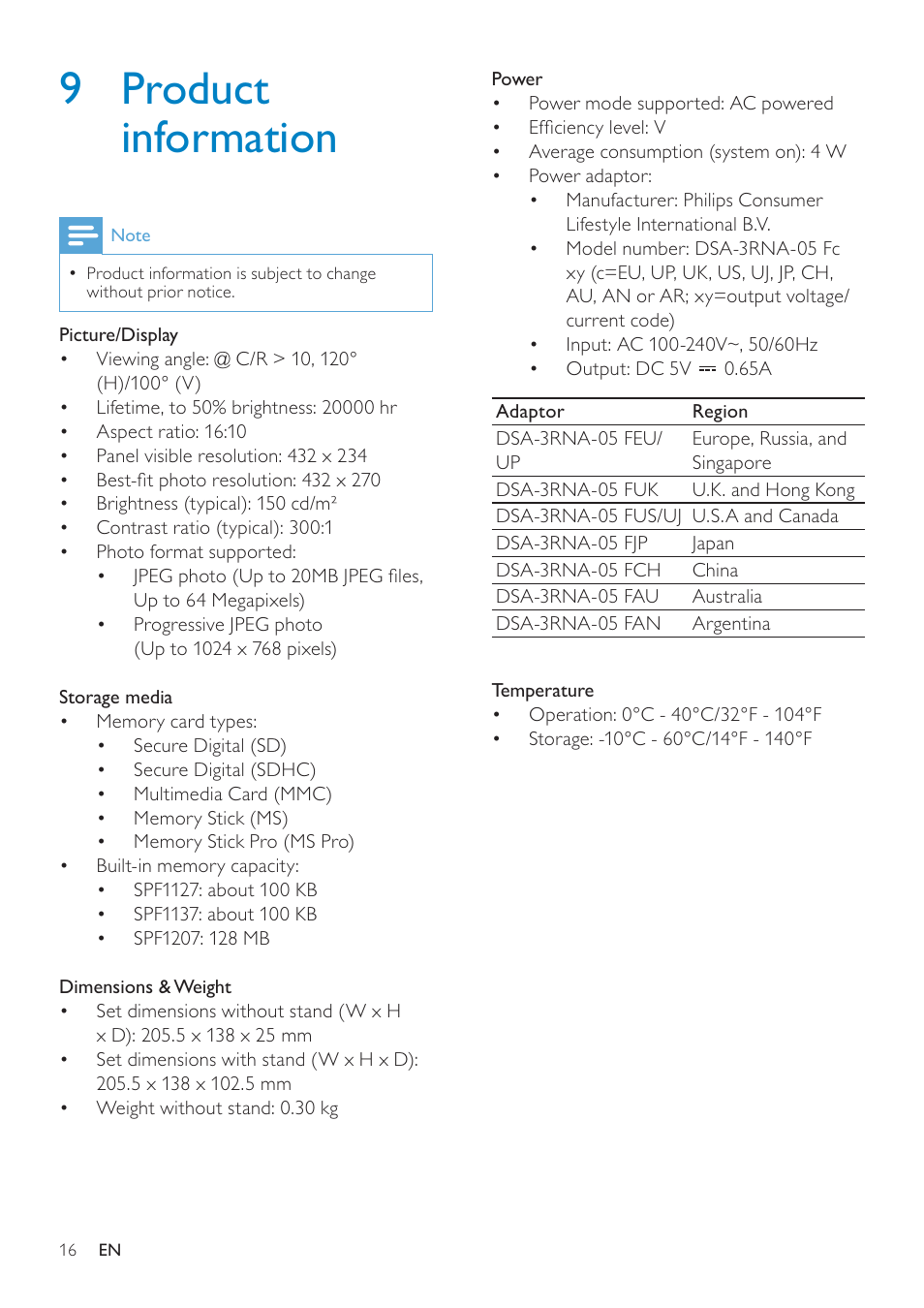 9 product information | Philips SPF1137 User Manual | Page 17 / 20