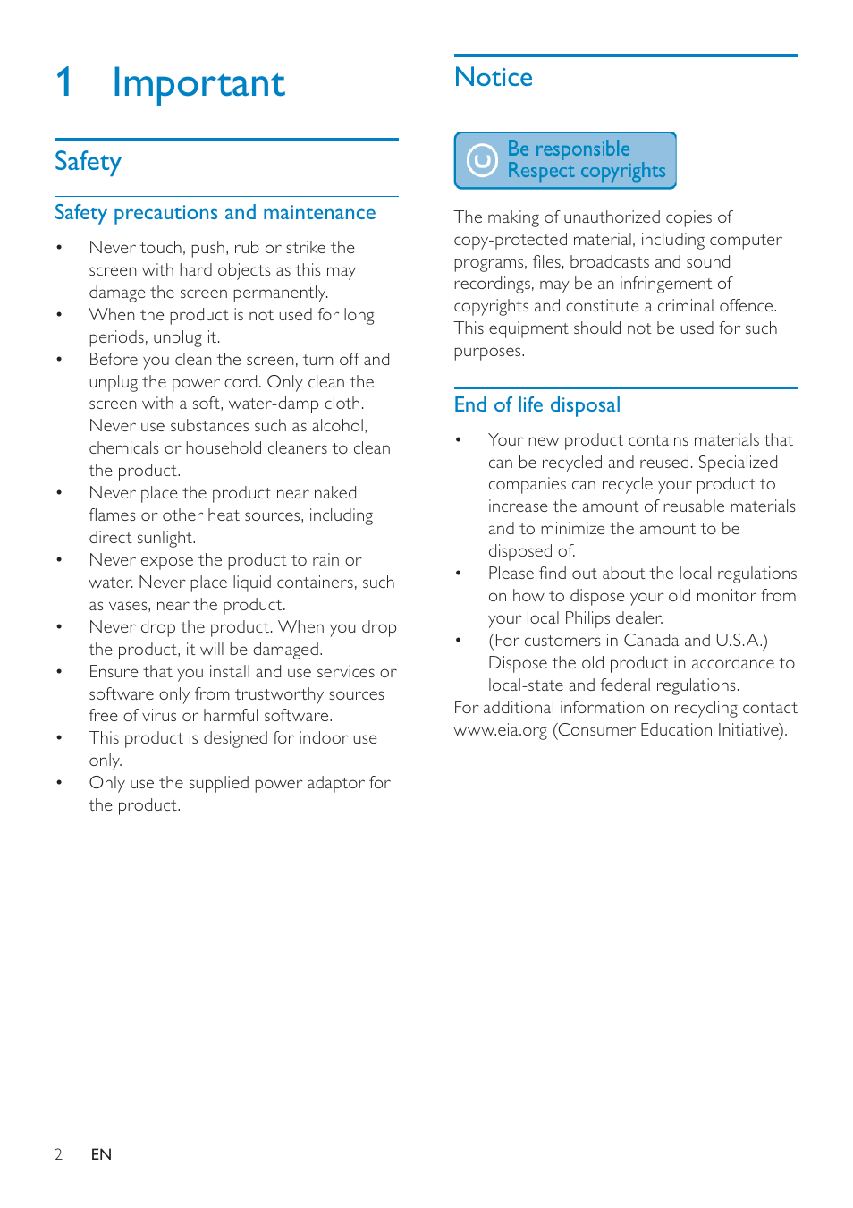 1 important, Notice, Safety | Philips SPF1137 User Manual | Page 3 / 20
