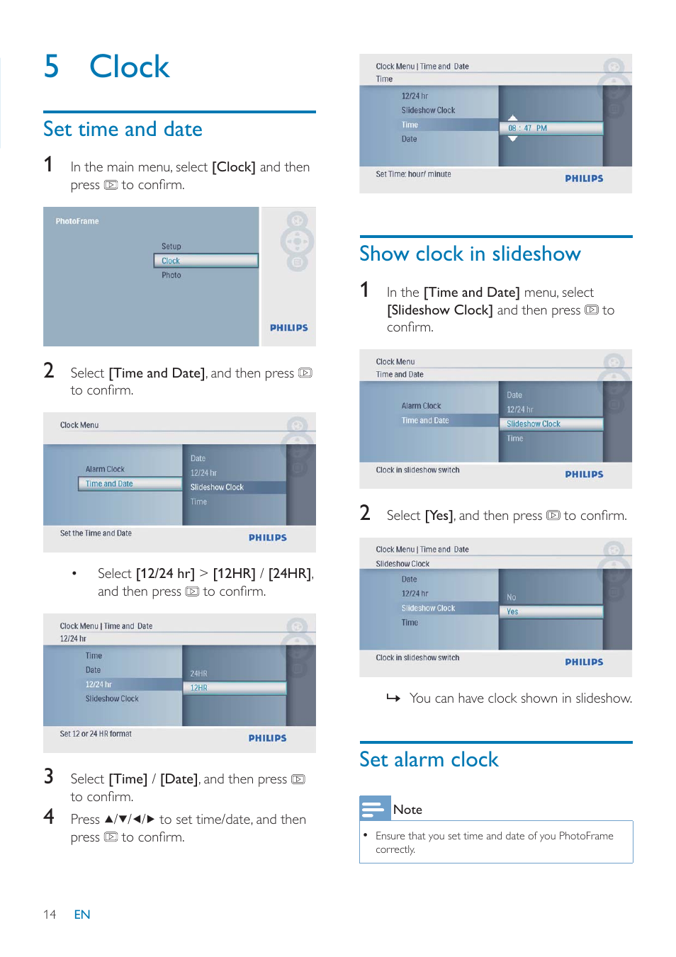 5 clock, Set time and date 1, Show clock in slideshow 1 | Set alarm clock | Philips SPF1027/05 User Manual | Page 15 / 28