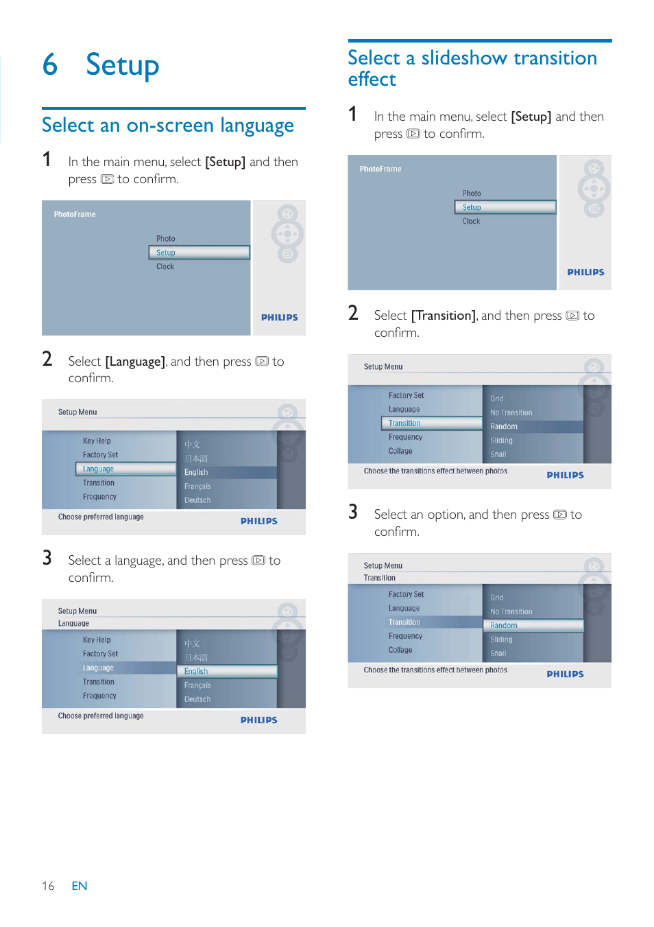 6 setup, Select an on-screen language 1, Select a slideshow transition effect 1 | Philips SPF1027/05 User Manual | Page 17 / 28