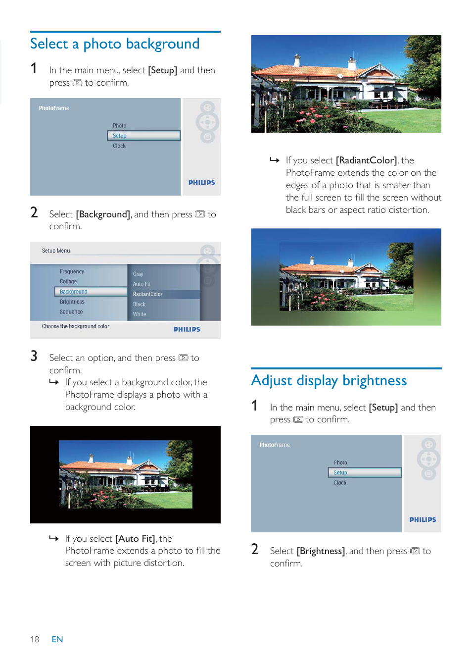 Select a photo background 1, Adjust display brightness 1 | Philips SPF1027/05 User Manual | Page 19 / 28