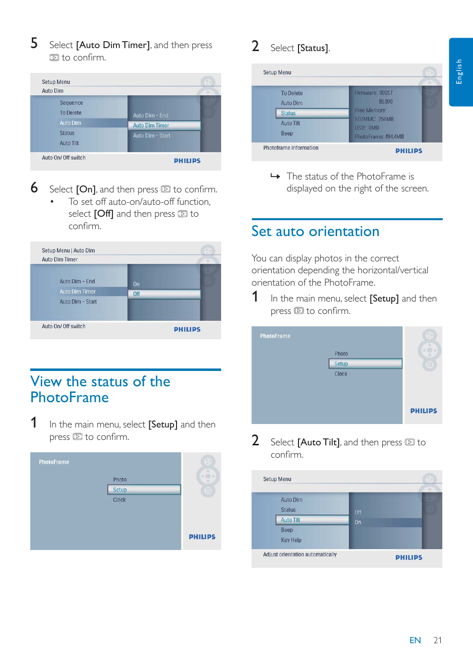 View the status of the photoframe 1, Set auto orientation | Philips SPF1027/05 User Manual | Page 22 / 28