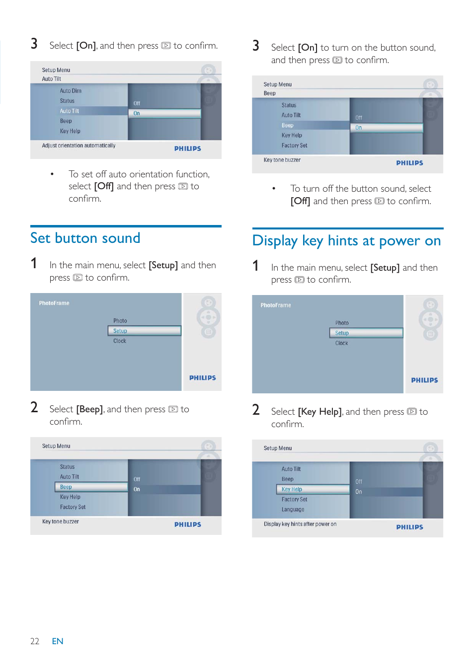 Set button sound 1, Display key hints at power on 1 | Philips SPF1027/05 User Manual | Page 23 / 28