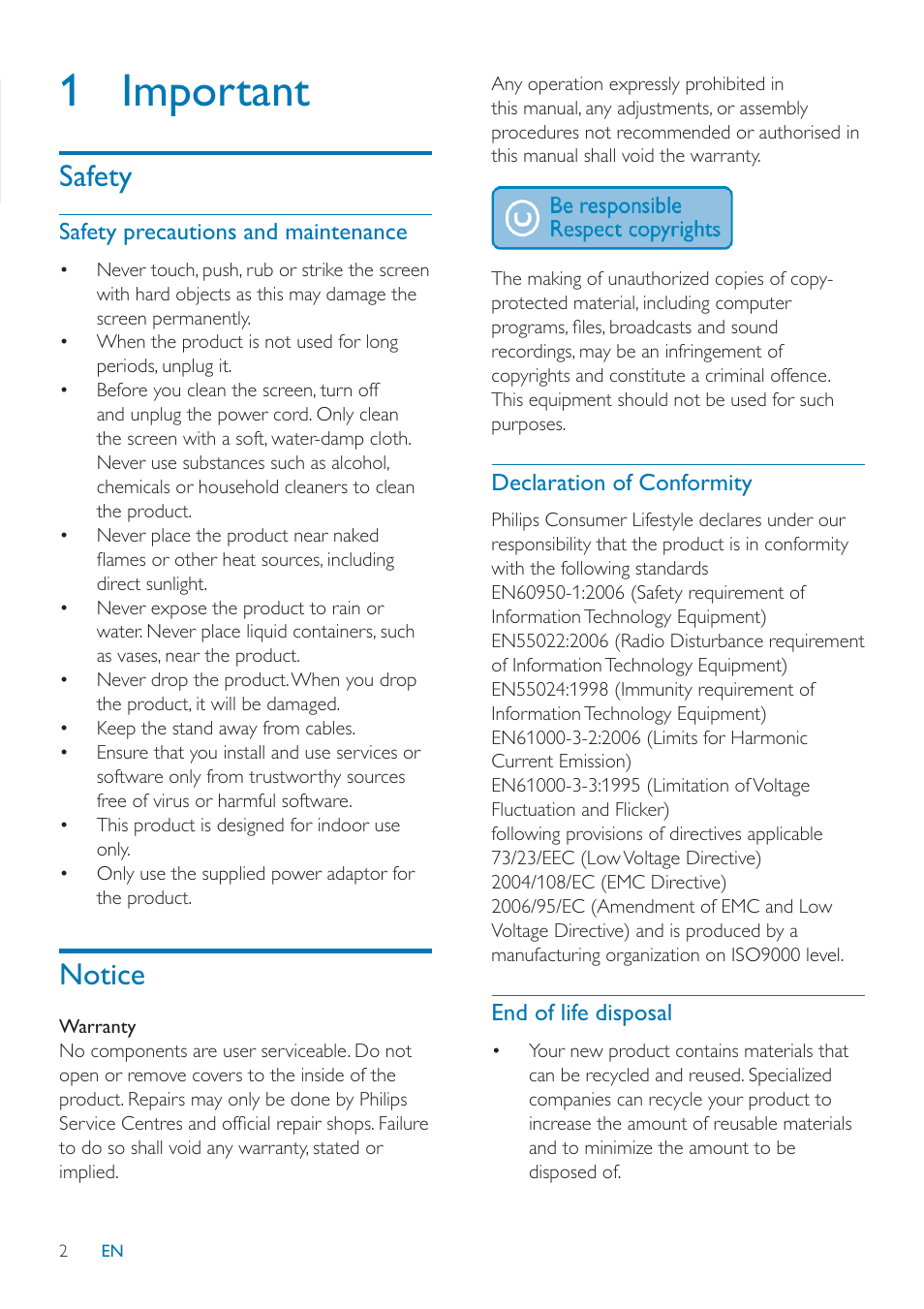 1 important, Safety, Notice | Philips SPF1027/05 User Manual | Page 3 / 28
