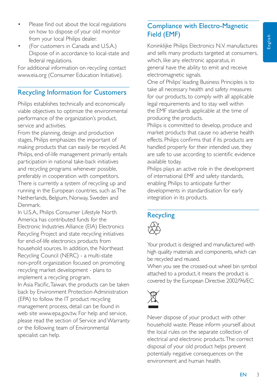 Recycling information for customers, Compliance with electro-magnetic field (emf), Recycling | Philips SPF1027/05 User Manual | Page 4 / 28